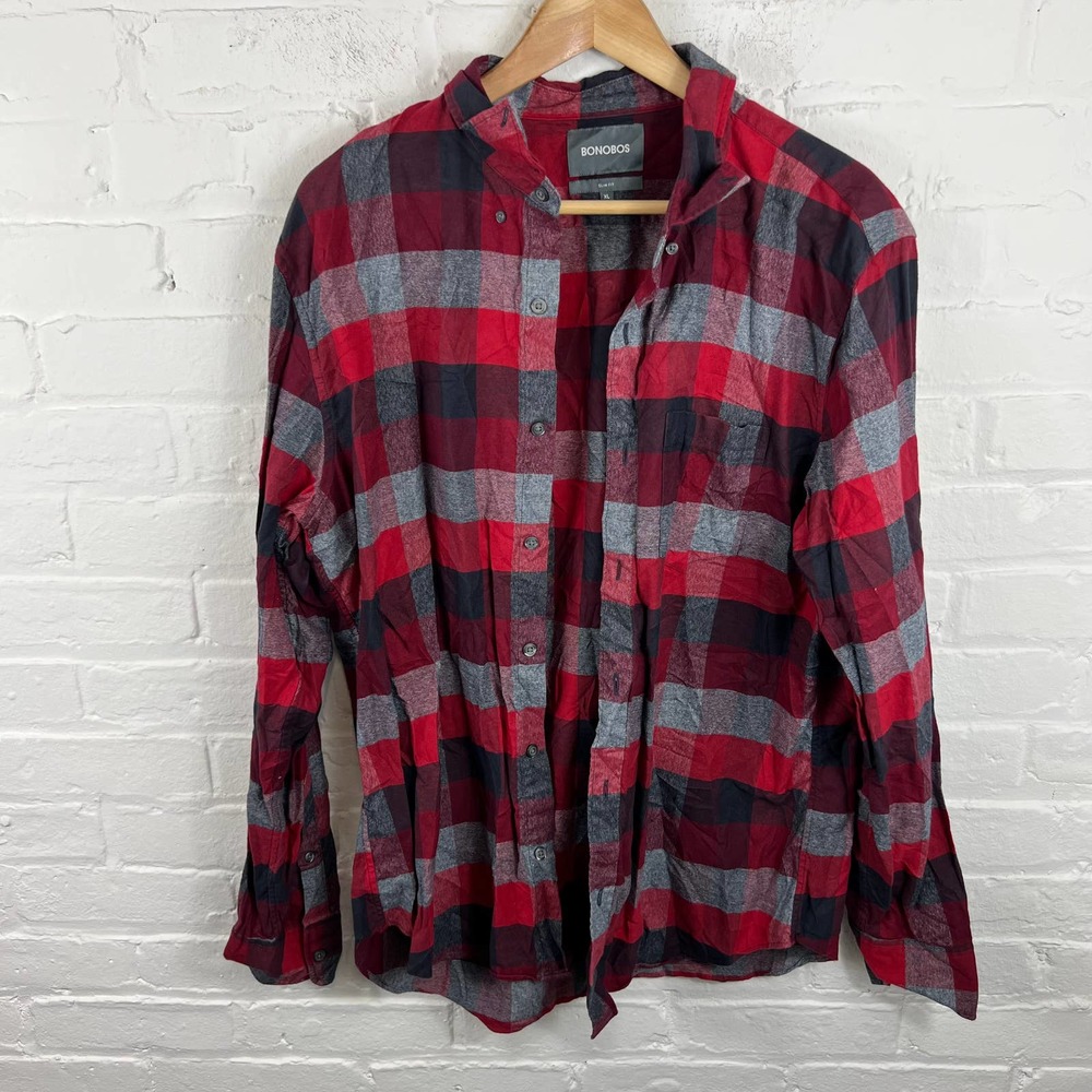 Bonobos Men's Slim Fit Plaid Flannel Button Down Shirt Long Sleeve Red Size XL